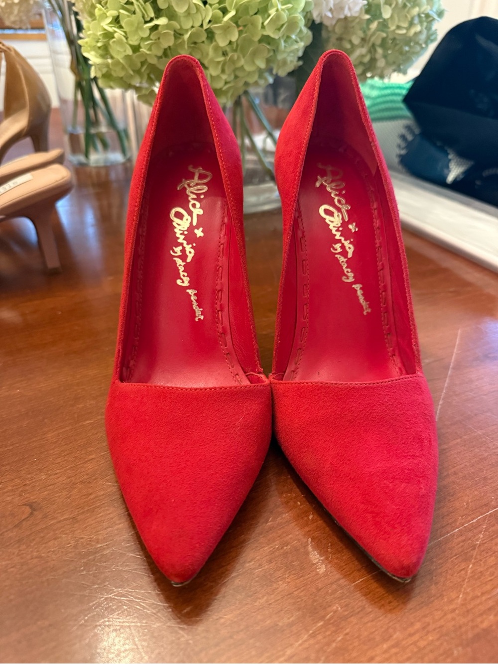 Alice + Olivia Red Suede Pointed-Toe Pumps